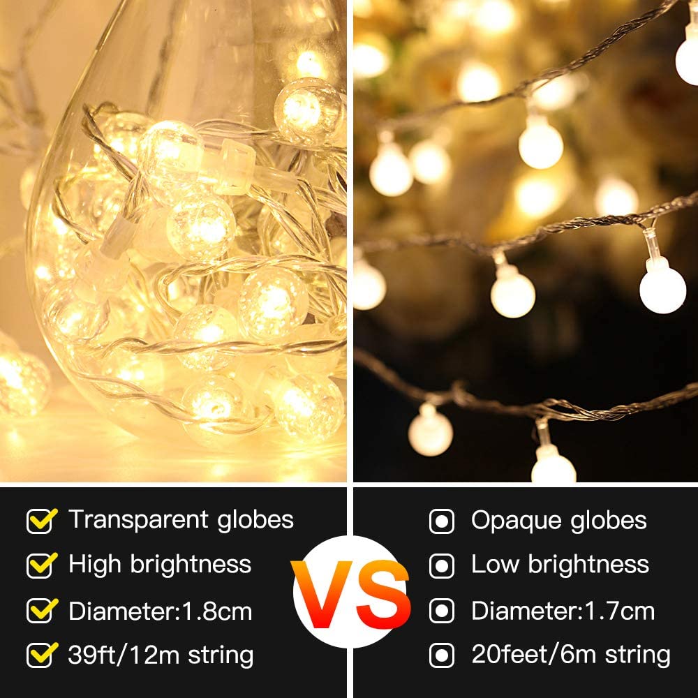2 Pack Globe Fairy Lights, 100 LEDs/12m USB Plug in Fairy Lights