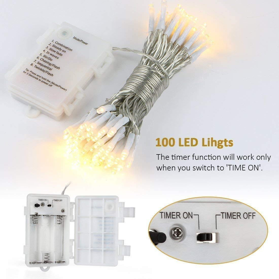 2 Pack Remote-Controlled 36ft 100 LED Fairy Lights with Timer Function (Warm White)