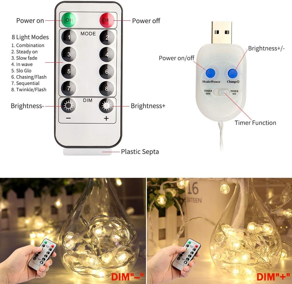 2 Pack Globe Fairy Lights, 100 LEDs/12m USB Plug in Fairy Lights