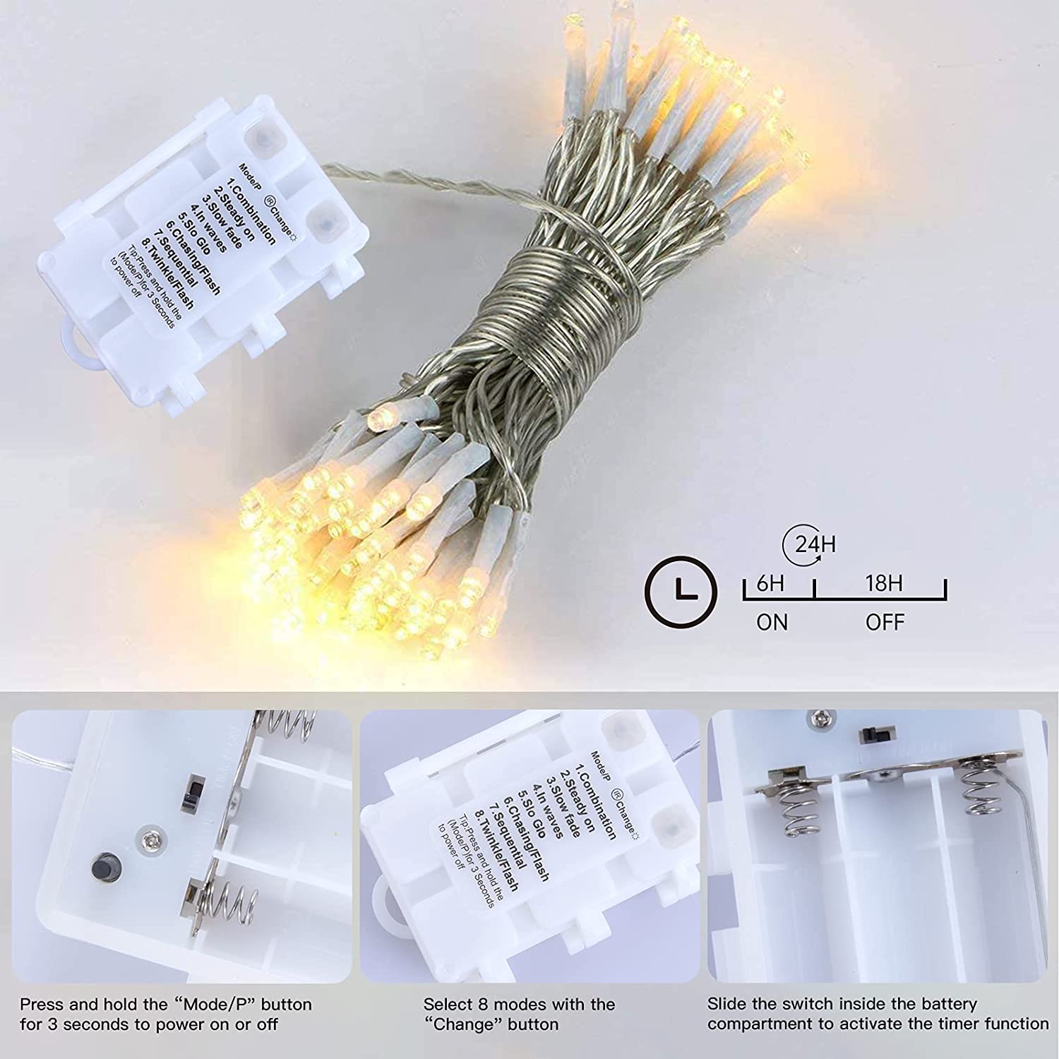 Battery Operated LED Lights 36ft 100 LED Warm White Waterproof with Automatic Timer
